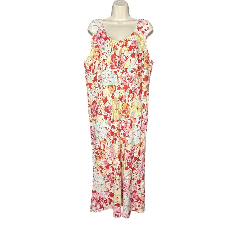 Vintage 90s Y2K Cut Loose Maxi Dress L 100% Linen Floral Summer Lagenlook USA